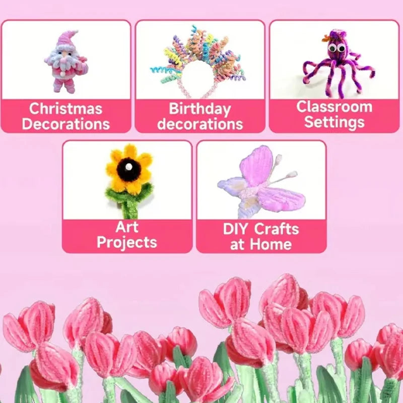 Creative 100-Piece Waterproof Elastic PVC Pipe Chenille Stem Handmade DIY Art Craft Project Pipe Cleaner Fuzzy Sticks Wire Craft