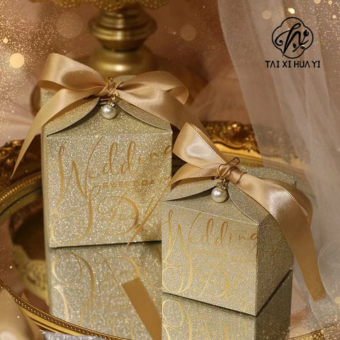 Custom Logo Gold Wedding Ribbon Favors Square Shape Recyclable Paperboard Folders for Guests