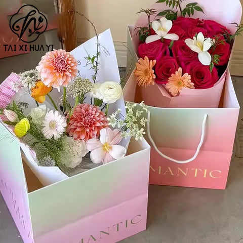 Colorful Square Eco-friendly Recyclable Flower Bouquet Handbag Packaging Kraft Paper for Valentine's Day Mother's Day Gifts