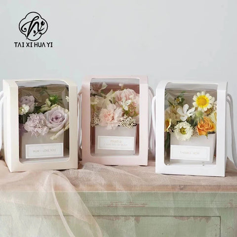Clear Window Folding Gift Box with Flower Handle Festive Party Decor for Mother's Day Birthday Valentine's Day