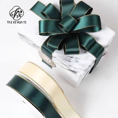 High Quality Polyester Satin Ribbon Gold Edge Floral Design for Wedding Birthday Flower Cake Gift Packaging Christmas
