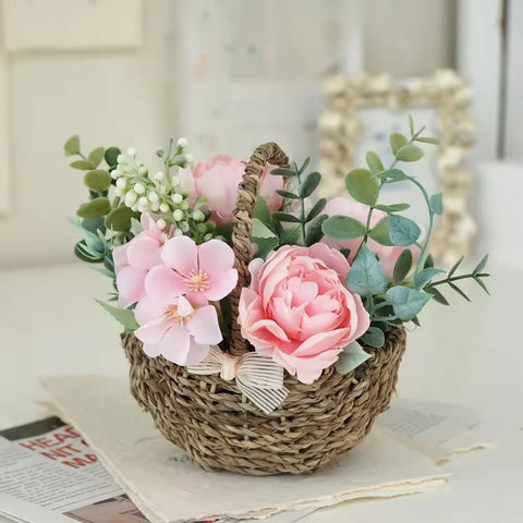 Handwoven Eco-friendly Peony Eucalyptus Flower Basket Small Bonsai Storage Ornament Home Decorative Craft