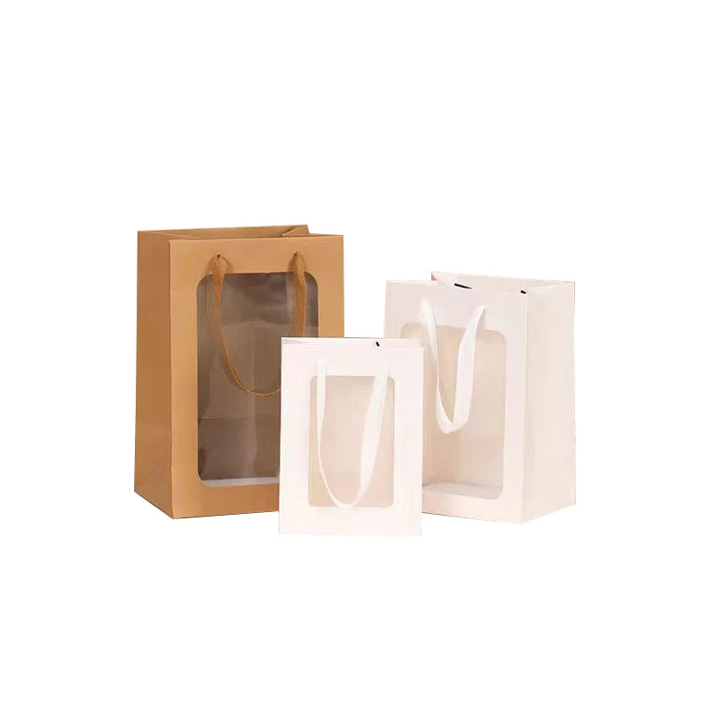 Classic Clear Transparent Kraft Paper Bags Window Cotton Rope Handle Offset Printing Recycled Materials Hand Length Handle for