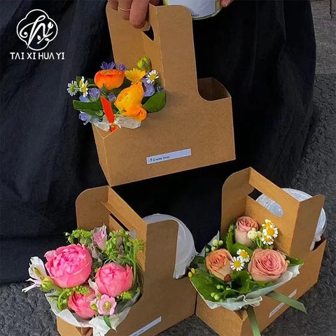 High Quality Kraft Paper Cup Holders Floral Design Foldable Floral Bouquet Gift Box Fashionable Flower