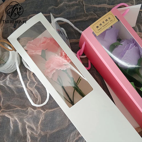 Disposable Solid Color Single Rose Gift Bag Transparent Window Square Matte Laminated Paperboard Folders Custom Logo Bouquet