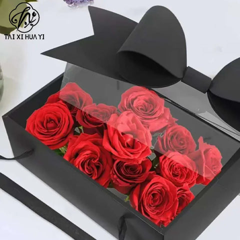 Eco-Friendly Recyclable Kraft Paper Flat Fruit and Flower Gift Box with Bow Valentine's Day Rose Box Handheld Flower Cake Box