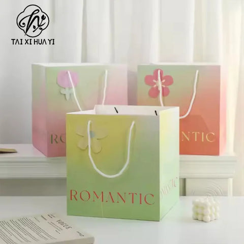 Colorful Square Eco-friendly Recyclable Flower Bouquet Handbag Packaging Kraft Paper for Valentine's Day Mother's Day Gifts