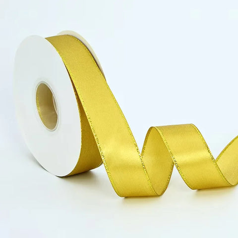 High Quality Polyester Satin Ribbon Gold Edge Floral Design for Wedding Birthday Flower Cake Gift Packaging Christmas