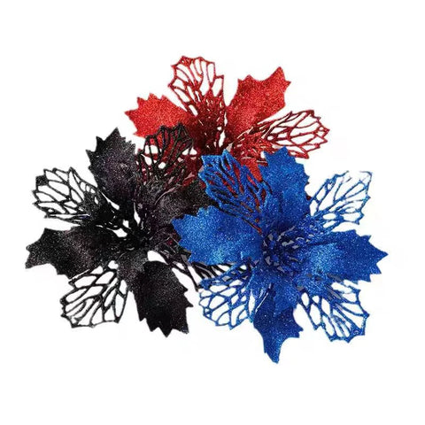 Glitter Hollow Plastic Artificial Flowers Various Colors for Christmas Tree Decorations DIY Party Ornaments