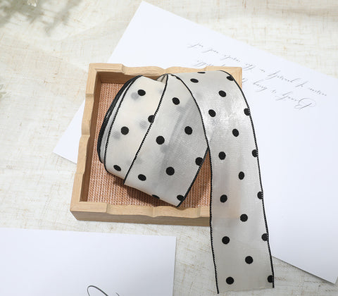 Flocking small flower bow polka dot yarn with hair accessories DIY handmade streamer polka dot black and white snow yarn with decorative streamer