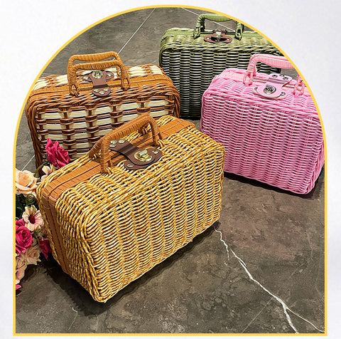 Rattan outdoor leisure picnic basket household PP imitation rattan retro suitcase storage props basket storage basket