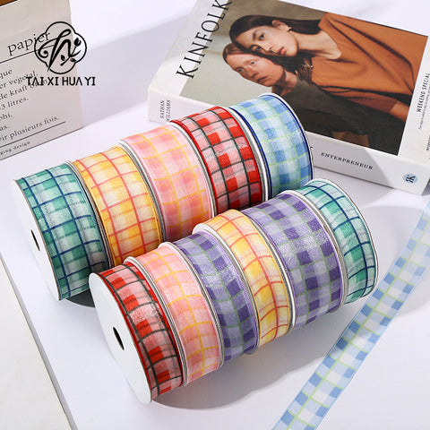 Small fresh two-color plaid yarn strap tied bouquet packaging yarn strap flower shop DIY ribbon ribbon floral materials wholesale 1