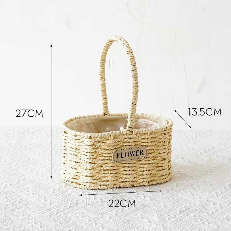 Woven Flower Basket with Paper Rope Handle for Mother's Day Party Wedding Easter Decor Wooden Gift Basket for Festive Occasions