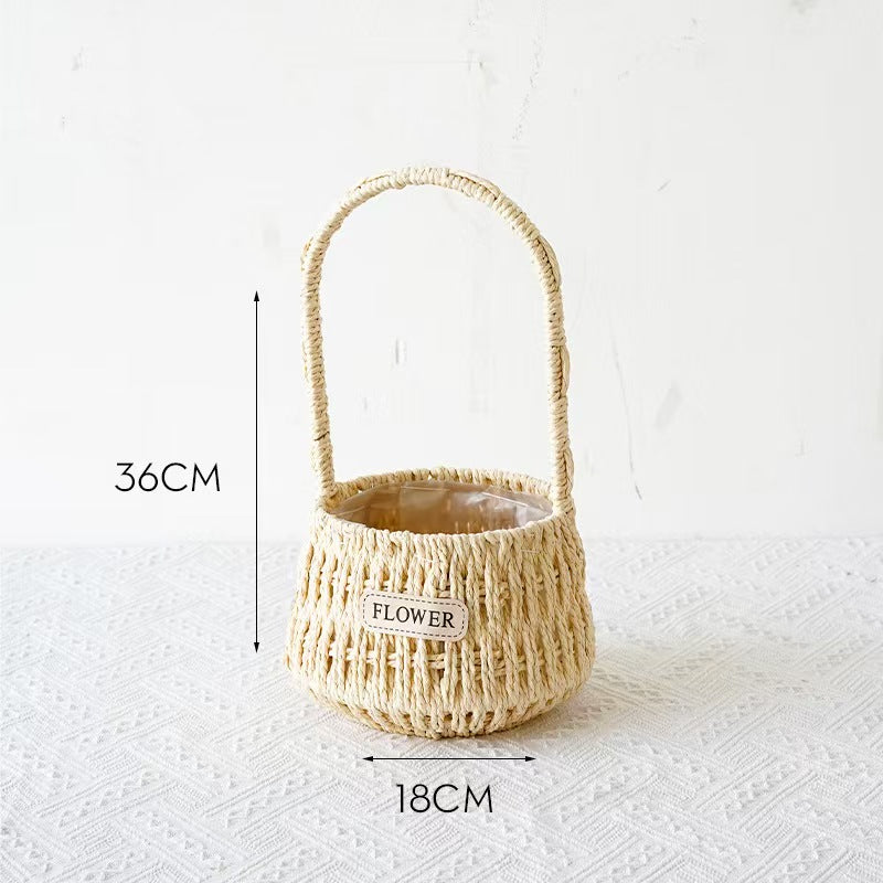 Woven Flower Basket with Paper Rope Handle for Mother's Day Party Wedding Easter Decor Wooden Gift Basket for Festive Occasions