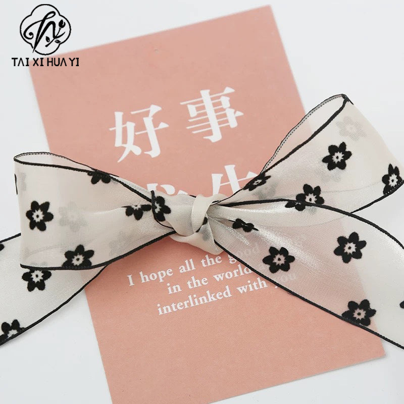 Flocking small flower bow polka dot yarn with hair accessories DIY handmade streamer polka dot black and white snow yarn with decorative streamer รูปสินค้าหลัก