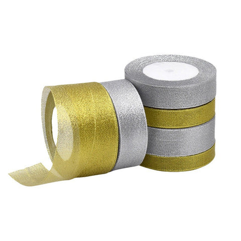 Horizontal striped gold-edged gold, silver, and scallion colored webbing, handmade DIY polyester fresh flower gift packaging ribbon, in stock, wholesale ribbon