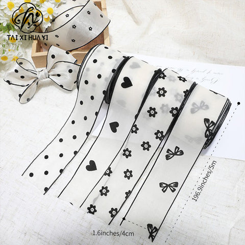 Flocking small flower bow polka dot yarn with hair accessories DIY handmade streamer polka dot black and white snow yarn with decorative streamer