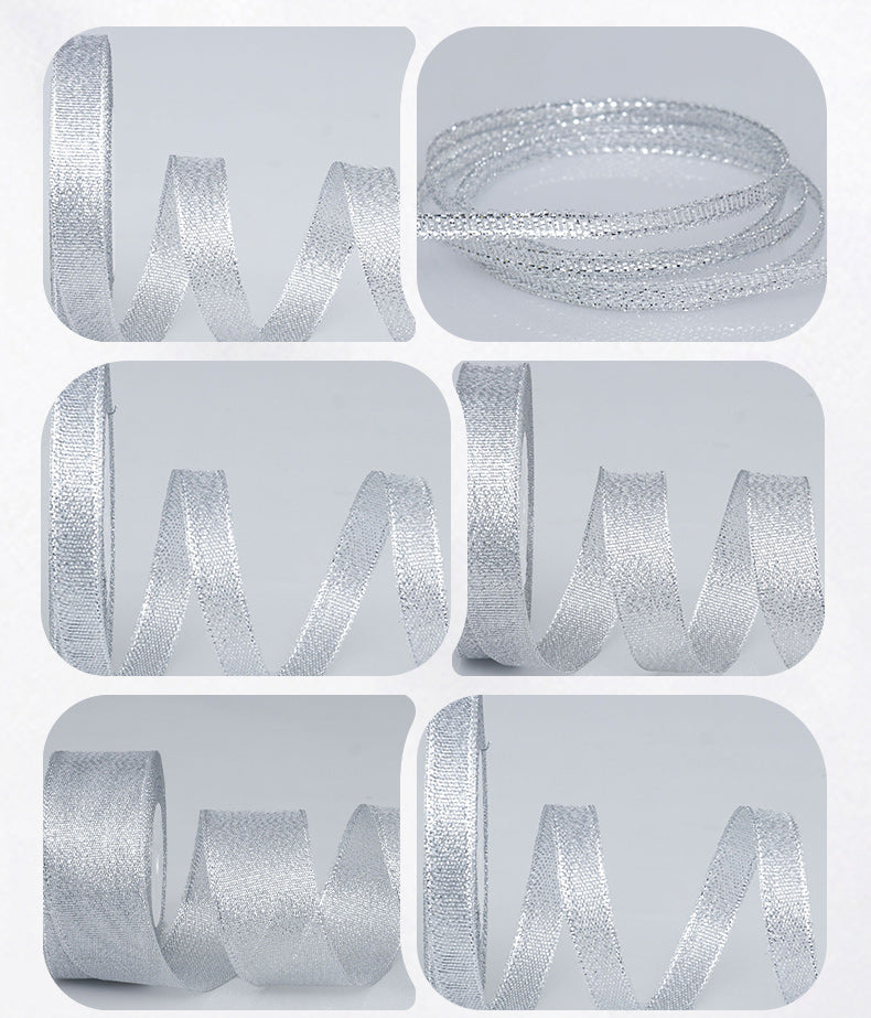 Horizontal striped gold-edged gold, silver, and scallion colored webbing, handmade DIY polyester fresh flower gift packaging ribbon, in stock, wholesale ribbon
