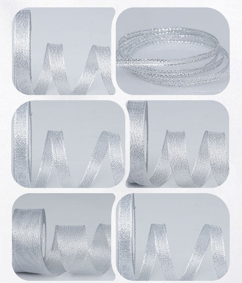 Horizontal striped gold-edged gold, silver, and scallion colored webbing, handmade DIY polyester fresh flower gift packaging ribbon, in stock, wholesale ribbon