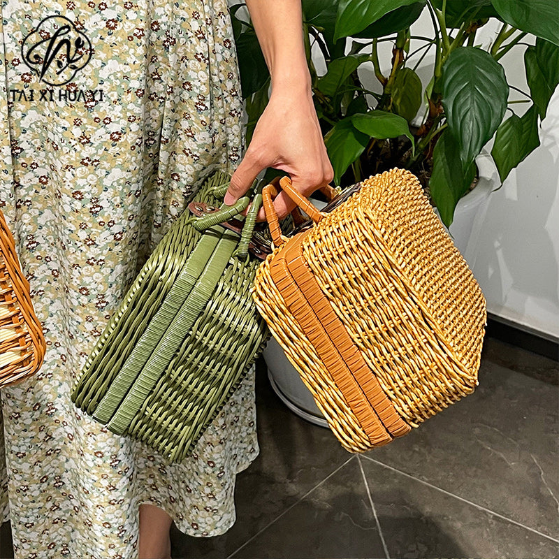 Rattan outdoor leisure picnic basket household PP imitation rattan retro suitcase storage props basket storage basket