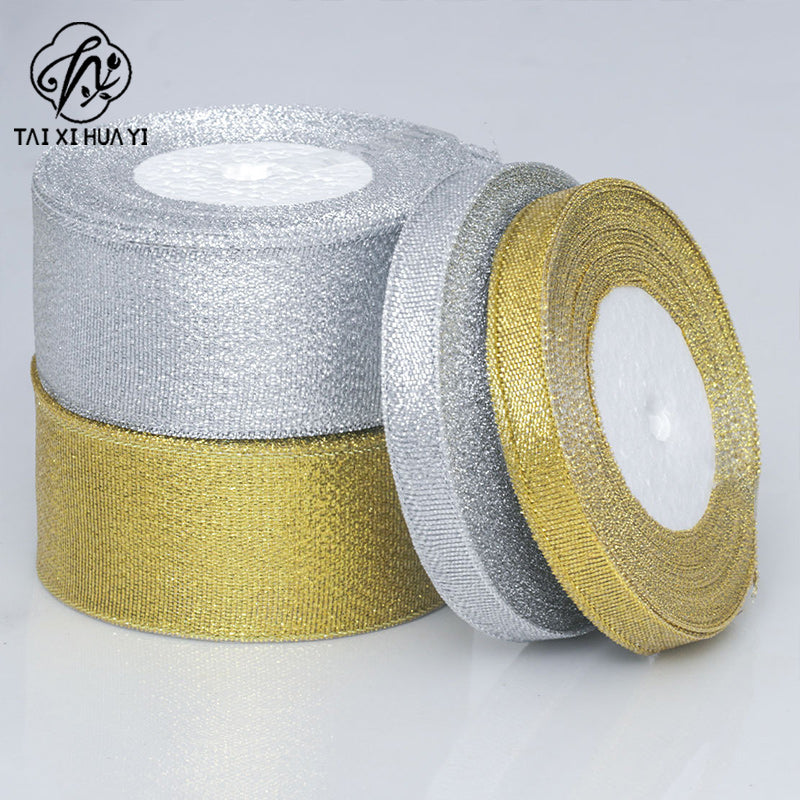 Horizontal striped gold-edged gold, silver, and scallion colored webbing, handmade DIY polyester fresh flower gift packaging ribbon, in stock, wholesale ribbon