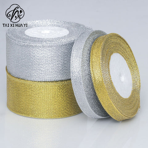 Horizontal striped gold-edged gold, silver, and scallion colored webbing, handmade DIY polyester fresh flower gift packaging ribbon, in stock, wholesale ribbon