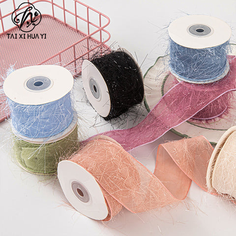 Korean thousand silk yarn with fringed chiffon yarn with burr edge yarn with girls bow headgear straw hat clothing accessories