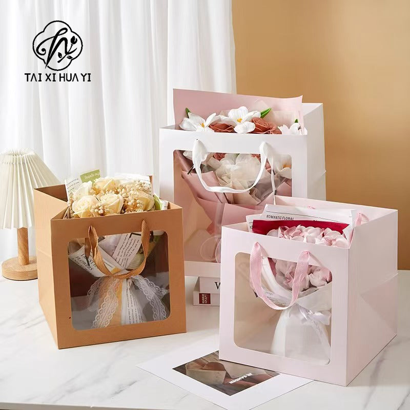 Recyclable Eco-friendly Art Gift Bags Clear PVC Window Paper Box for Flowers Dolls Toys Christmas Thank You Presents