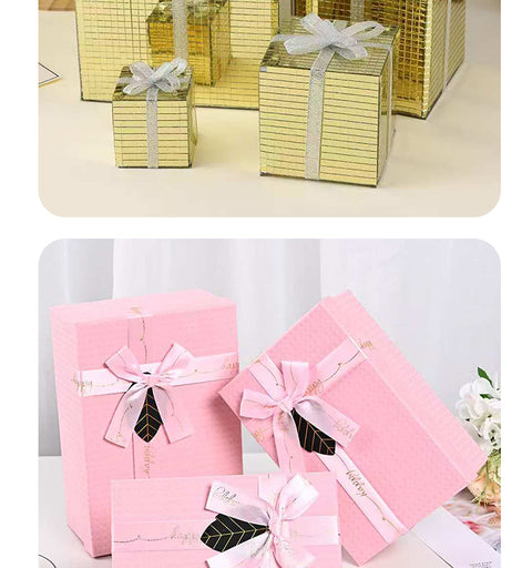 Customized Portable Pink Square Paper Gift Box with UV Coating Bow Mug Set Pen Wine Lid