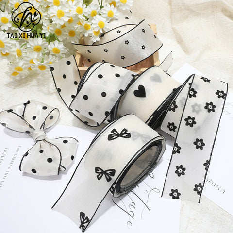 Flocking small flower bow polka dot yarn with hair accessories DIY handmade streamer polka dot black and white snow yarn with decorative streamer