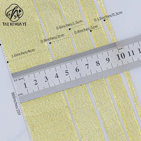 Horizontal striped gold-edged gold, silver, and scallion colored webbing, handmade DIY polyester fresh flower gift packaging ribbon, in stock, wholesale ribbon