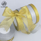 Horizontal striped gold-edged gold, silver, and scallion colored webbing, handmade DIY polyester fresh flower gift packaging ribbon, in stock, wholesale ribbon