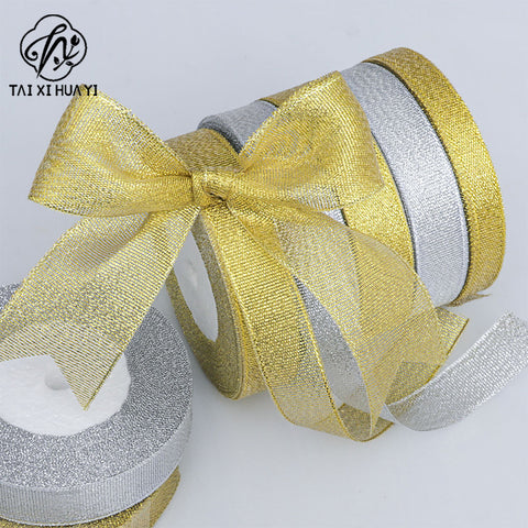 Horizontal striped gold-edged gold, silver, and scallion colored webbing, handmade DIY polyester fresh flower gift packaging ribbon, in stock, wholesale ribbon